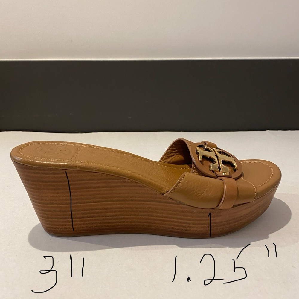 Authentic TORY BURCH Miller Tan & Gold Wedge Leather Sandals Heels SZ 8 1/2 US - Picture 14 of 14